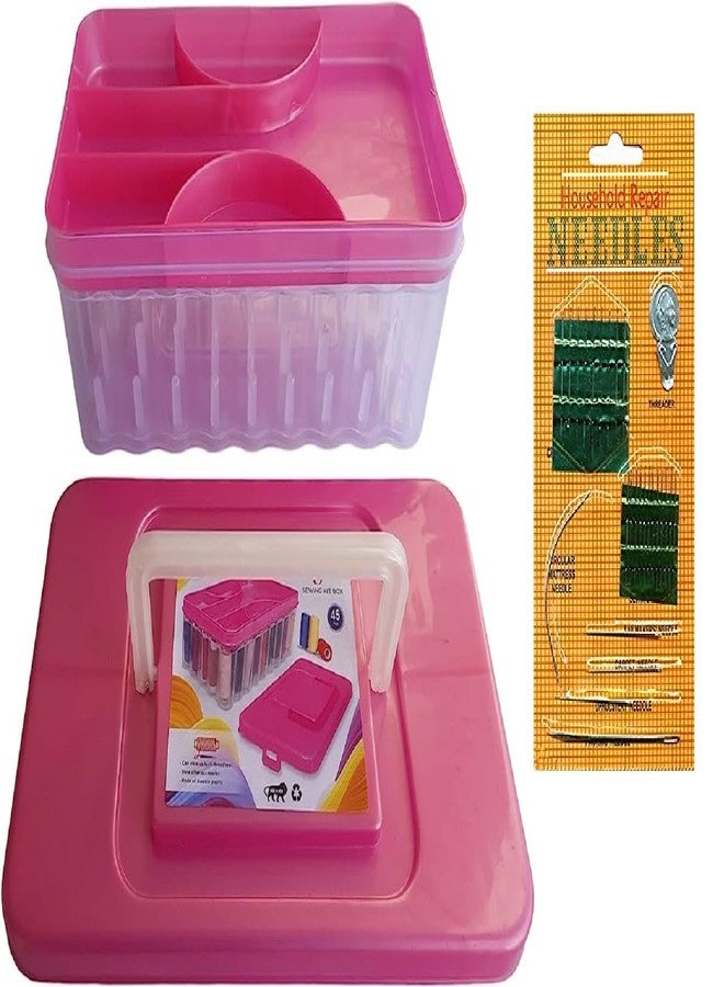 DAIDSUKE® Pink 90 Degree 45 Reels Sewing Supplies Organizer Rectangular Empty Plastic Tailoring Accessories Box With Free 27 Needle Set Thread Button Storage Needle 45 Spools Tailor Use Empty Big Box ( Pink ) - Image 1